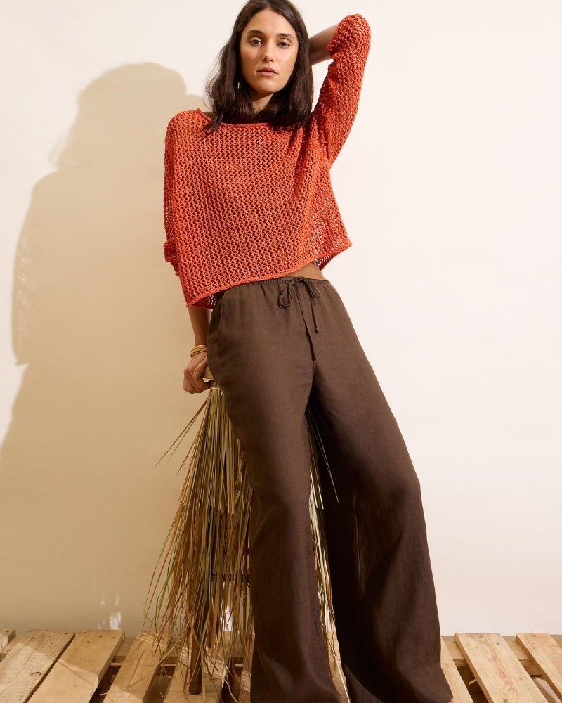Oui Open Knit Pullover in Burnt Tangerine outfit view