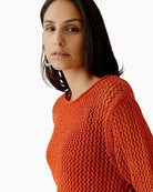 Oui Open Knit Pullover in Burnt Tangerine knit texture detail