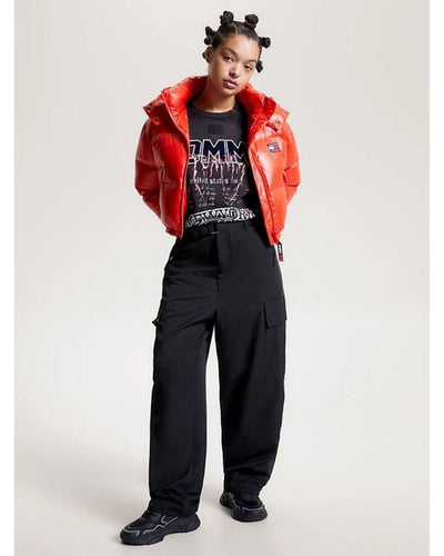 Tommy Jeans - Crop Alaska Puffer Jacket in Red - Front View