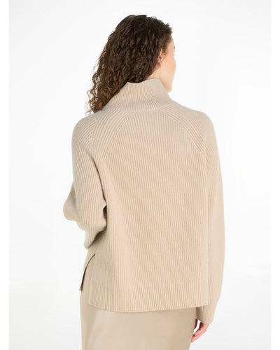 Calvin Klein - Recycled Wool Button Mock Neck Top in Sand - Rear View