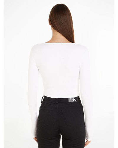 Calvin Klein - Split Collar Rib Long Sleeve Top in White - Rear View