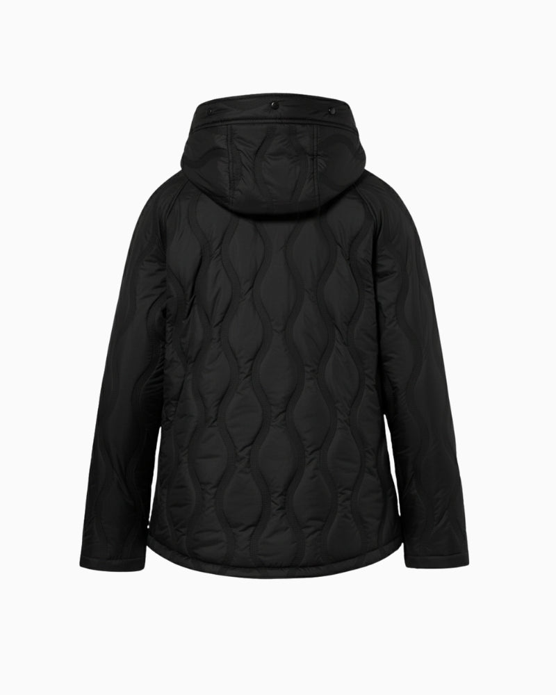 Back view of black water-repellent jacket showing wave-quilted detail