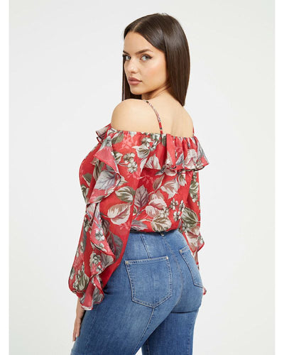 Guess Jeans - LS Iggy Ruffle Top in Red - Rear View