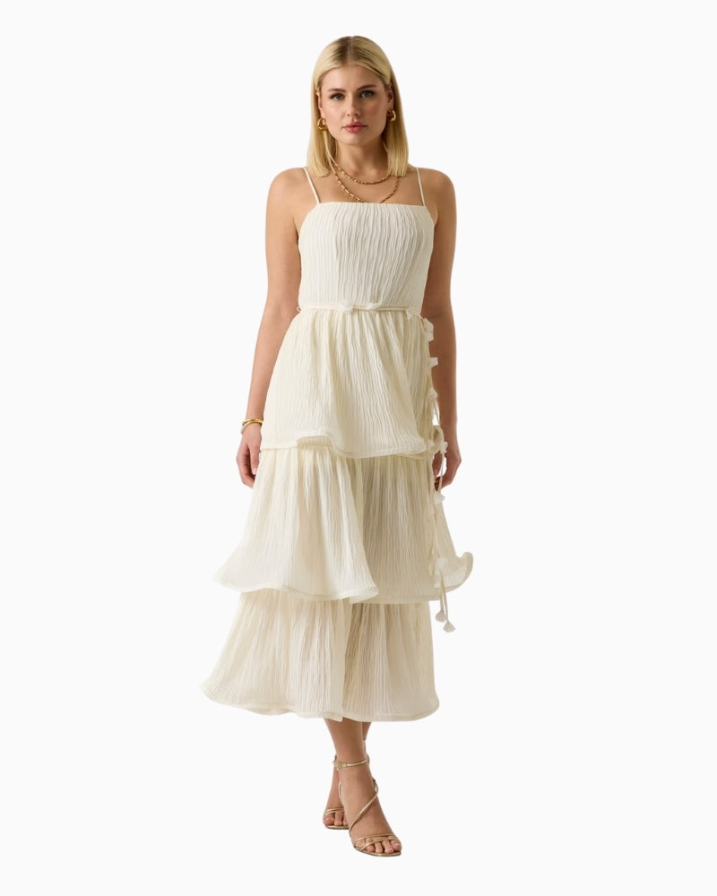 GUESS Chiffon Flounced Midi Dress white front view