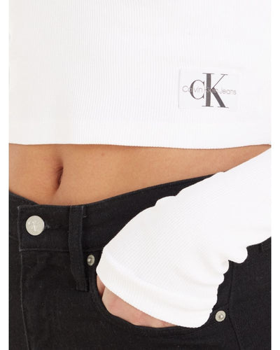 Calvin Klein - Split Collar Rib Long Sleeve Top in White - Sleeve View