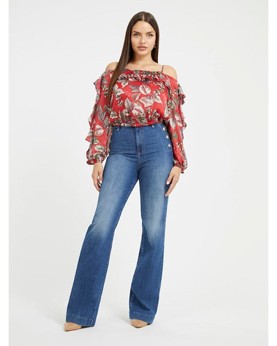 Guess Jeans - LS Iggy Ruffle Top in Red - Front View