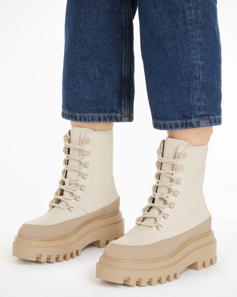 Calvin Klein - Flatform Lace Up Boot in Beige - Full View