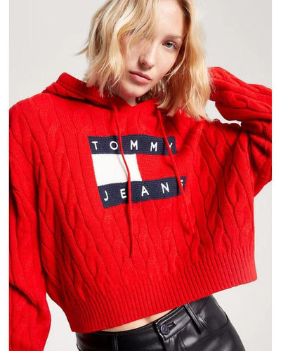 Tommy Jeans - Centre Flag Cable Hoodie in Red - Close View