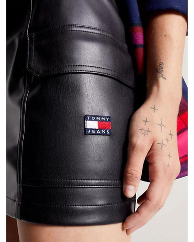 Tommy Jeans - Buckle Pleather Mini Skirt in Black - Close View