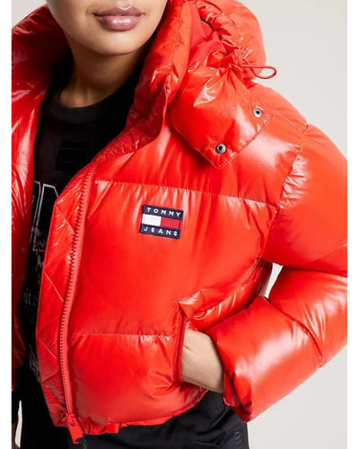 Tommy Jeans - Crop Alaska Puffer Jacket in Red - Close View