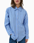 Part Two AnabellaPW Shirt Blue Stripe close up view on model