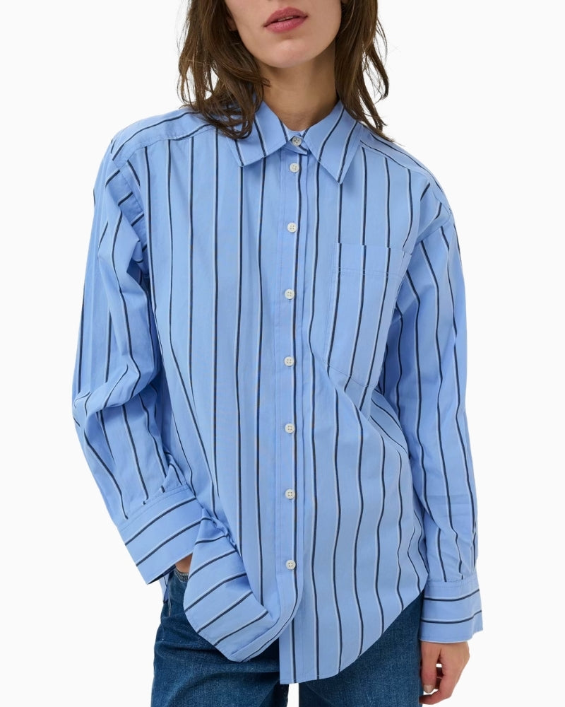 Part Two AnabellaPW Shirt Blue Stripe close up view on model