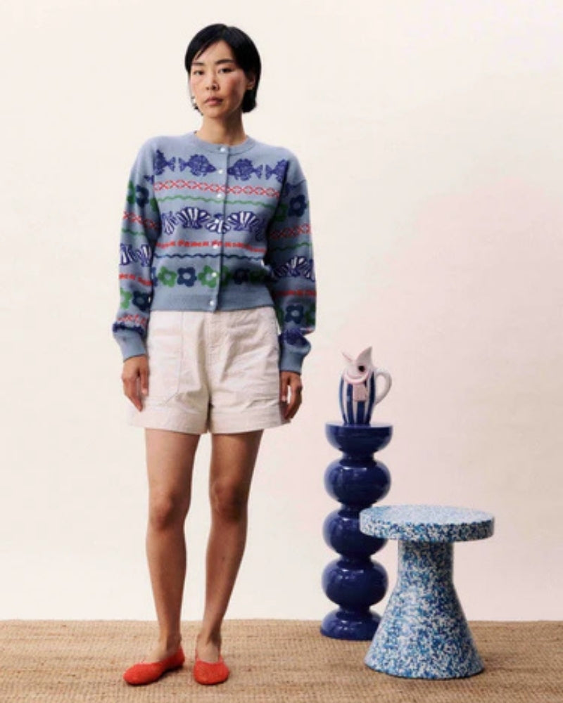 FRNCH Federica Light Blue Cardigan styled with shorts