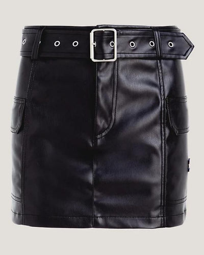 Tommy Jeans - Buckle Pleather Mini Skirt in Black - Full View