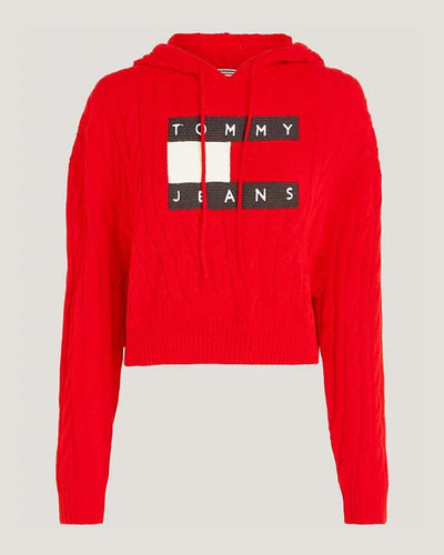 Tommy Jeans - Centre Flag Cable Hoodie in Red - Full View