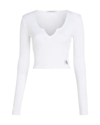Calvin Klein - Split Collar Rib Long Sleeve Top in White - Front View