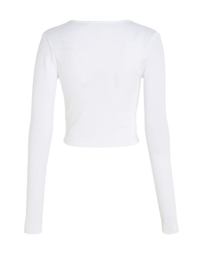 Calvin Klein - Split Collar Rib Long Sleeve Top in White - Back View