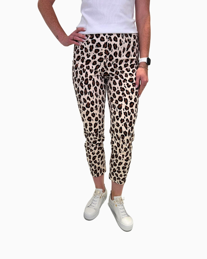 Front view of Robell Bella 09 Samburu ankle grazers with all-over animal print, styled with a white top and trainers