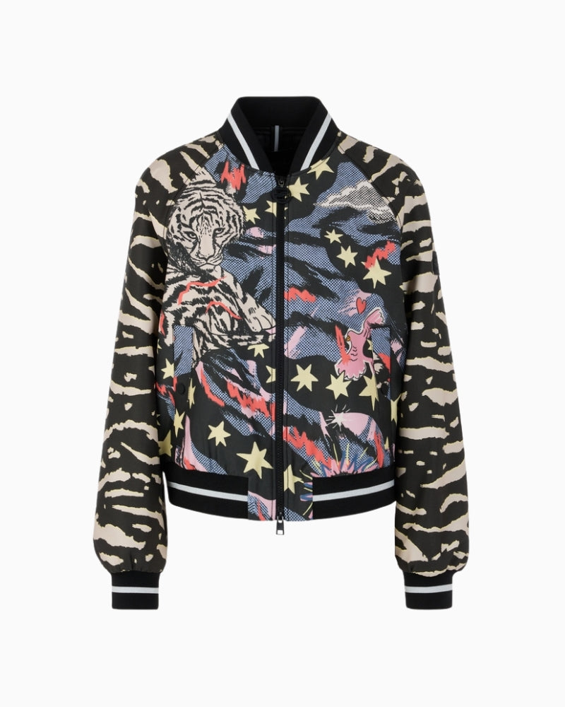 Marc Cain blouson jacket with comic print black flat lay view – Áines Boutique