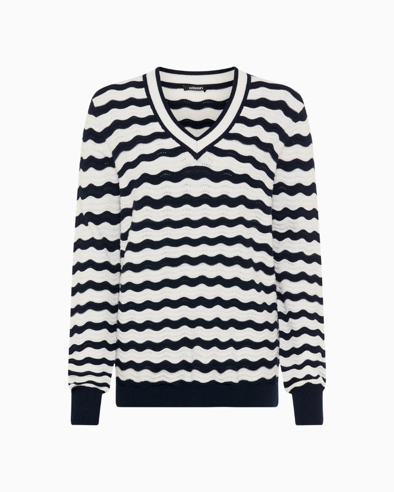 Olsen Wave Ajour Knit Sweater navy and off white front view