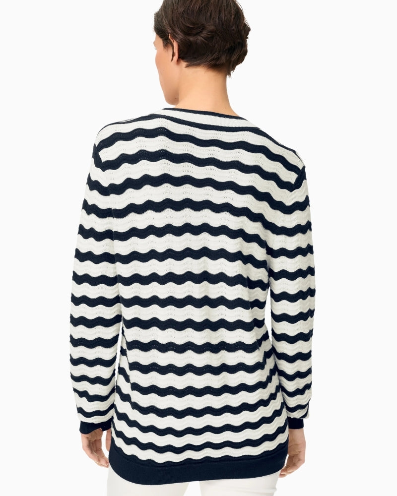 Olsen Wave Ajour Knit Sweater navy and off white back view