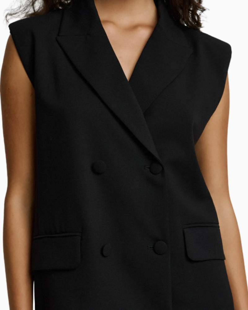 Close-up of notched lapel and front button detail on blazer dress