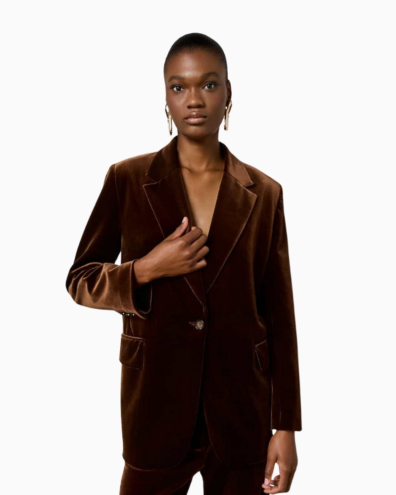 Front view of Access Fashion chocolate velvet jacket with lapel collar