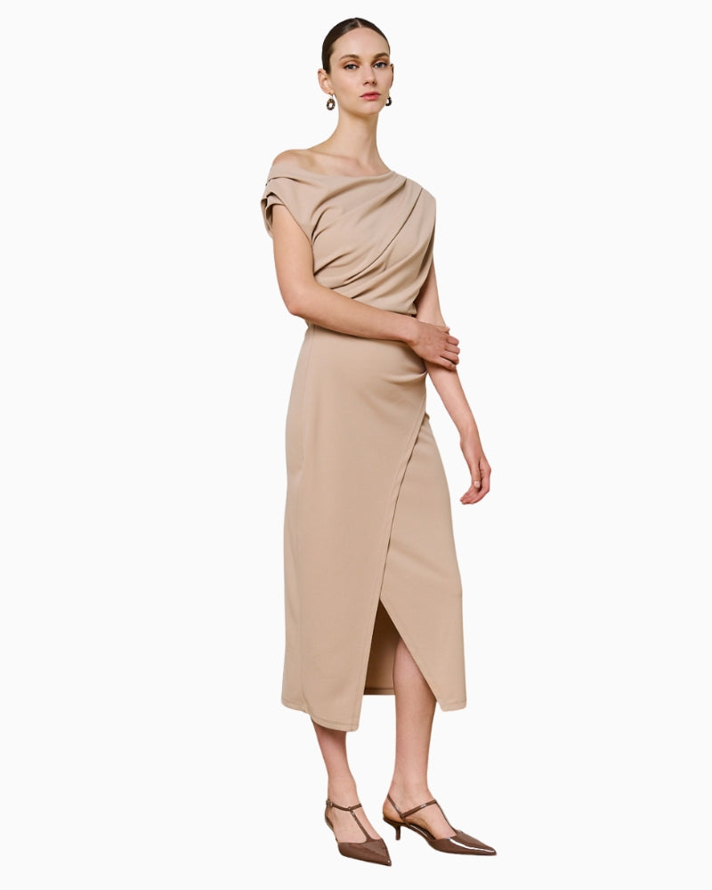 Beige off-shoulder pencil dress by Access Fashion with ruched detailing