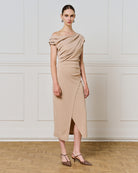 Beige off-shoulder pencil dress by Access Fashion with ruched detailing