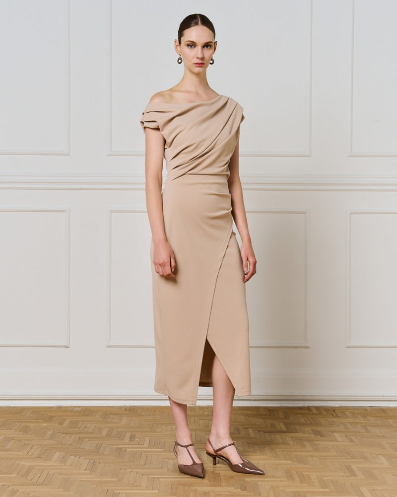 Beige off-shoulder pencil dress by Access Fashion with ruched detailing