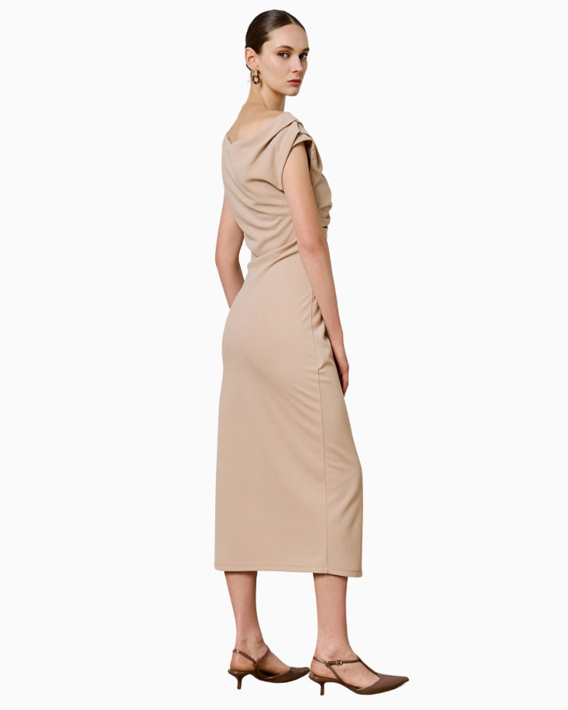 Back view of off-shoulder pencil dress with clean finish