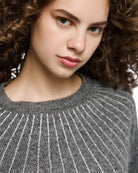 Close-up of fluffy knit texture and round neckline