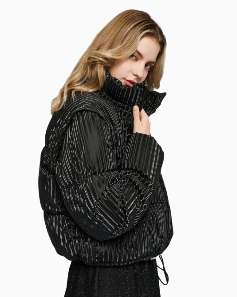 Detail of front zip fastening and high collar