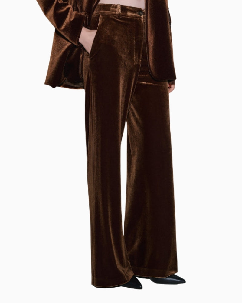 Front view of Access Fashion chocolate velvet wide-leg trousers