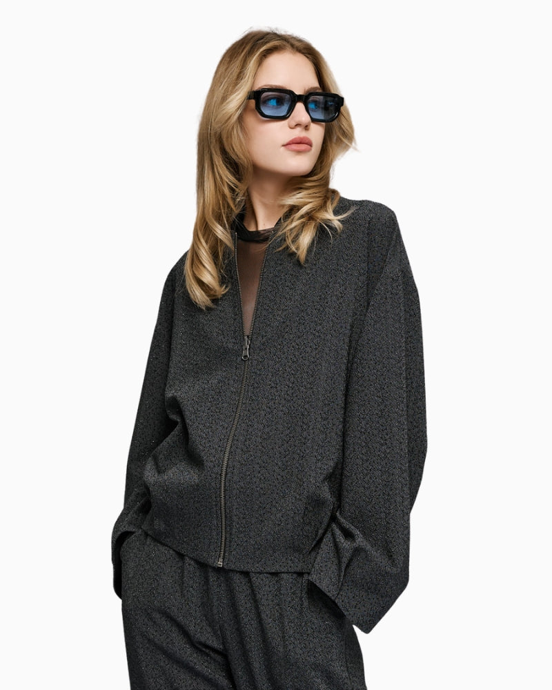 Front view of Dark Grey Bomber Jacket with rhinestones, ribbed collar and side pockets