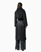 Back view of Access Fashion long quilted coat with detachable tie belt