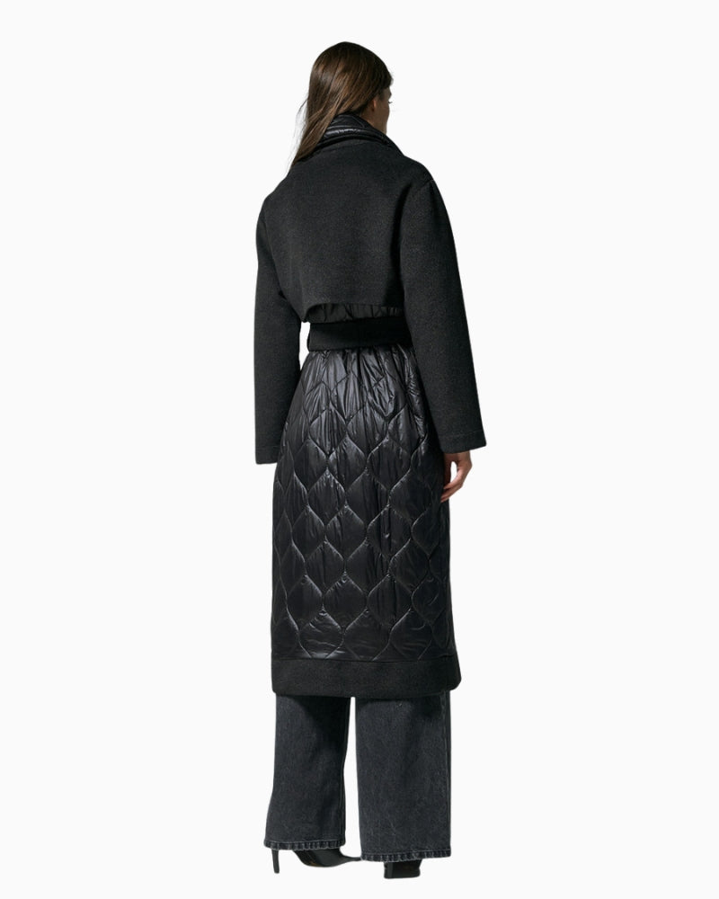 Back view of Access Fashion long quilted coat with detachable tie belt