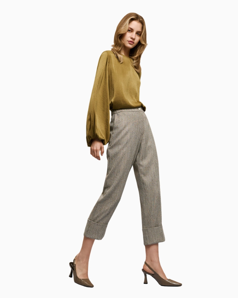 Side view of Access herringbone pants showing straight cut and waistband