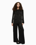 Full look with model wearing Black Jacquard Blazer by Access with striped contrast details