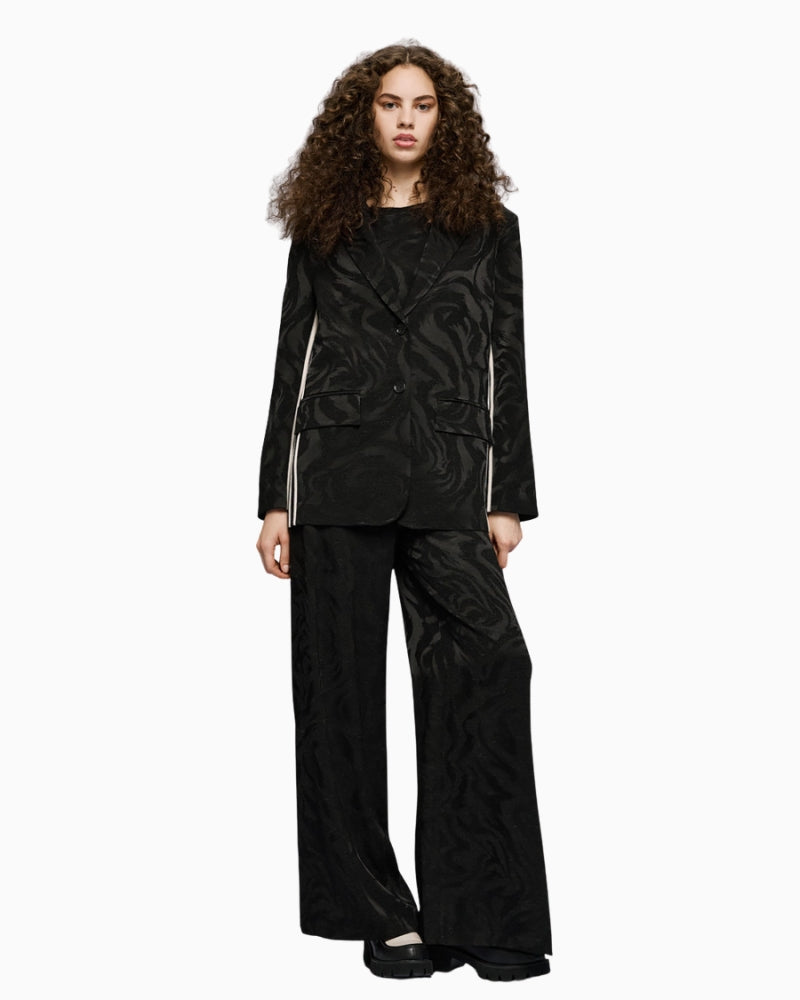 Full look with model wearing Black Jacquard Blazer by Access with striped contrast details