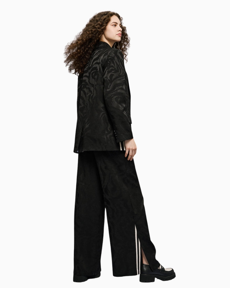 Side view of Access jacquard trousers showing slim cut 