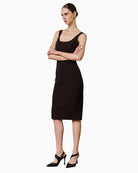 Side view of Access pencil dress showing silhouette and slit