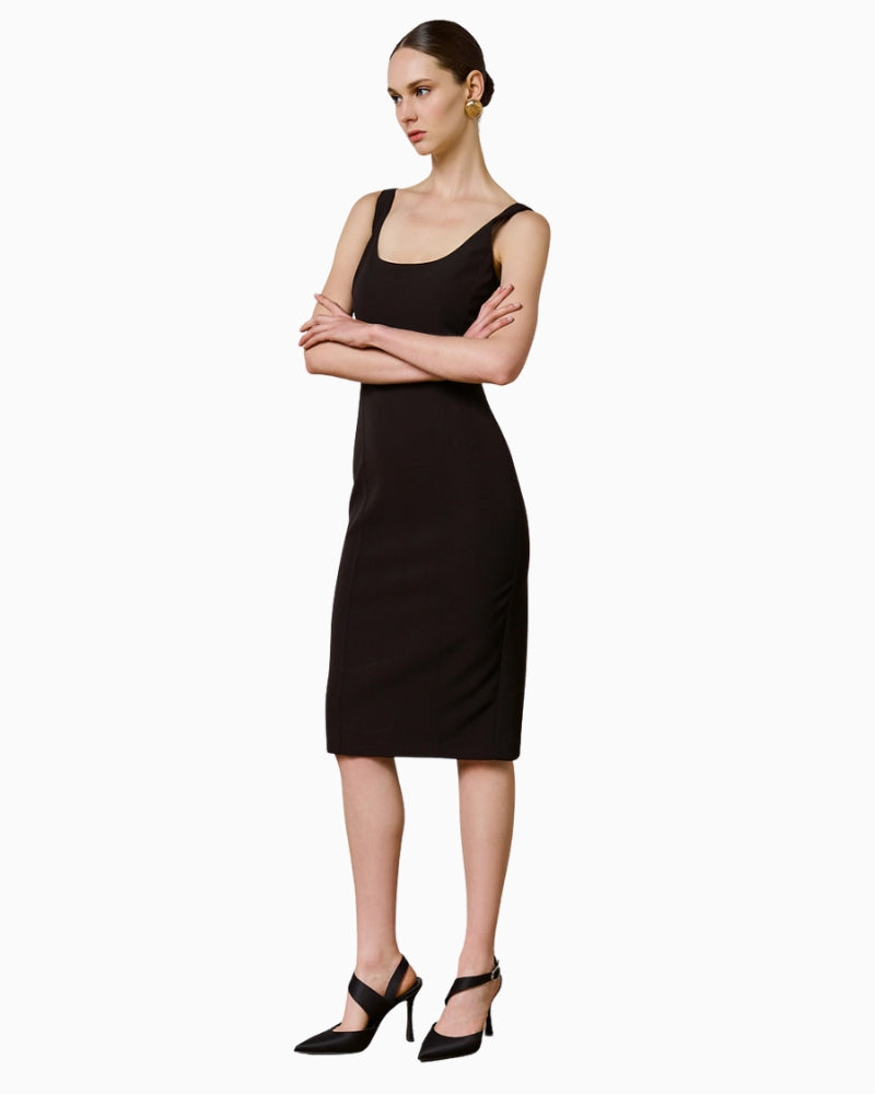 Side view of Access pencil dress showing silhouette and slit
