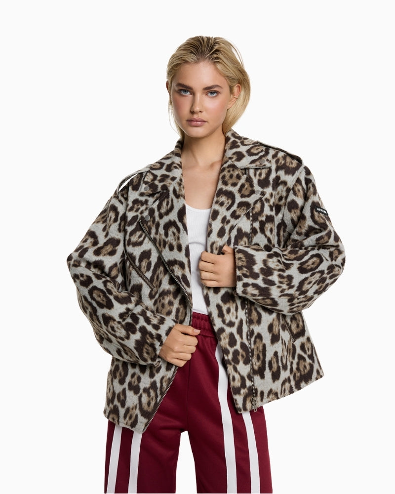 Alix The Label biker jacket with all-over jaguar animal print