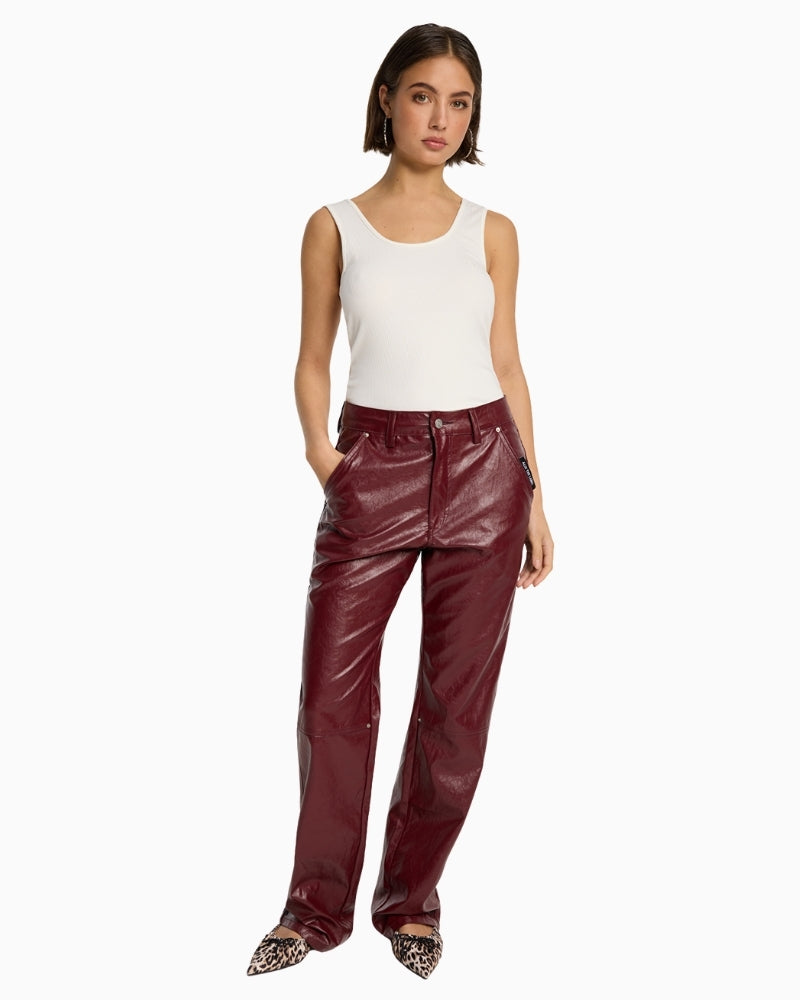 Bordeaux faux leather straight‑leg pants by Alix The Label with cracked leather finish