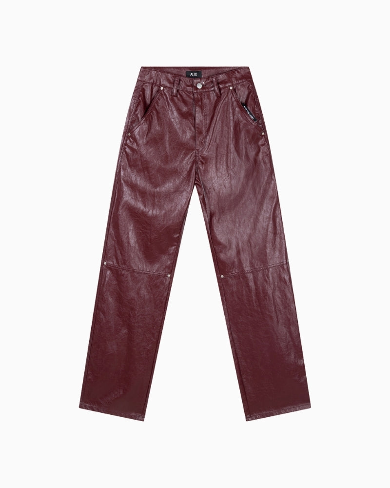 Bordeaux faux leather straight‑leg pants by Alix The Label with cracked leather finish