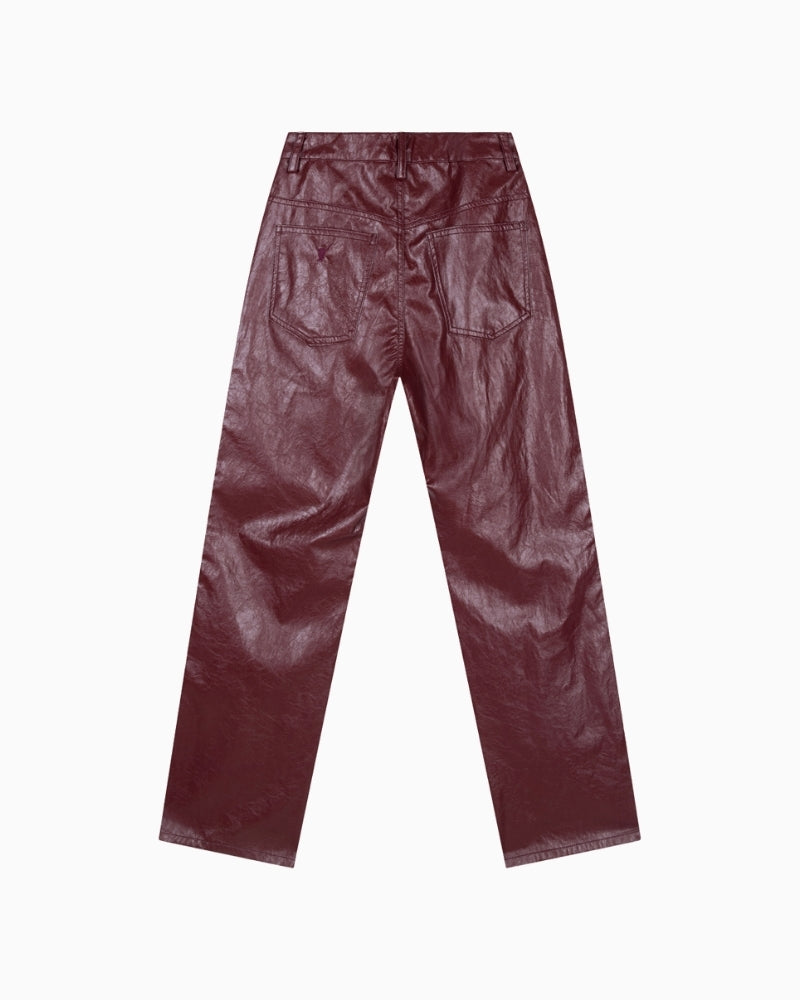 Back view showing bull embroidery on pocket of Bordeaux faux leather pants