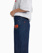 Close-up of button, zip fly and structured cotton denim fabric