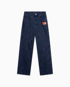 Front view of Alix indigo jeans with logo artwork on front panels
