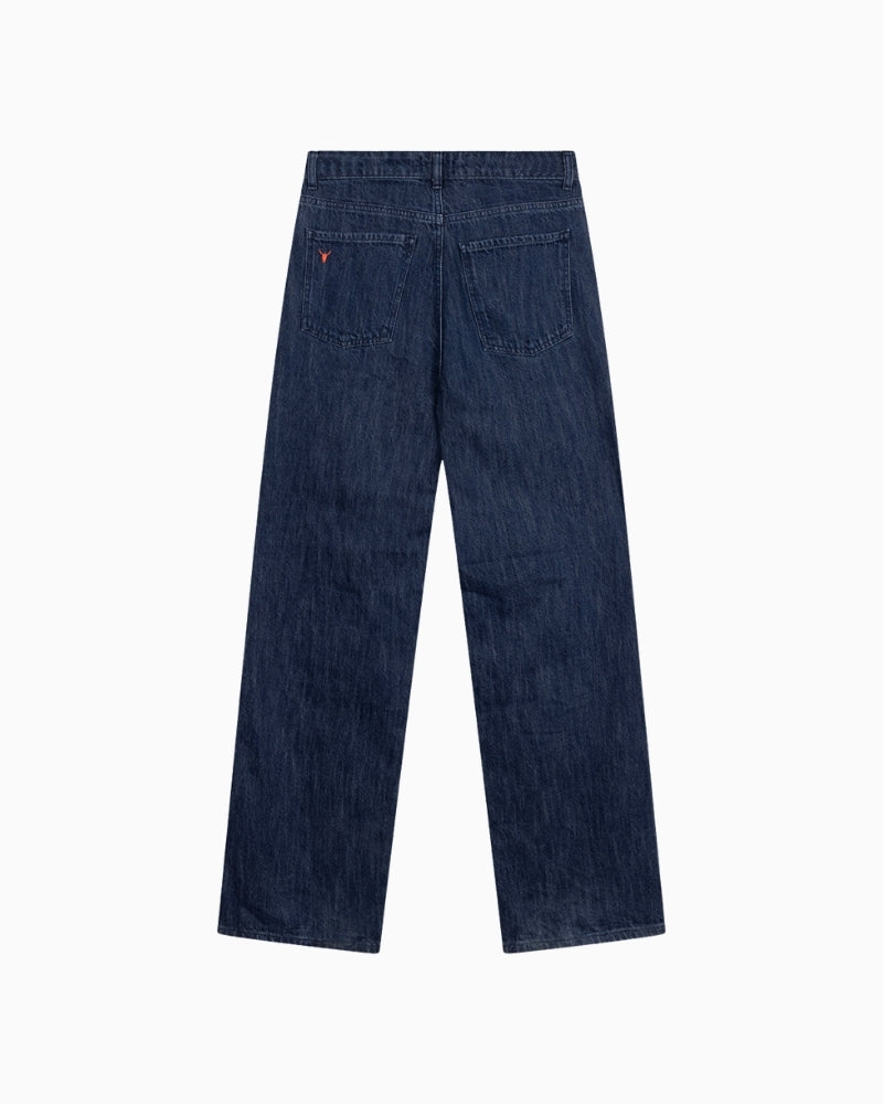 Back view of Alix denim pants with bull embroidery on back pocket